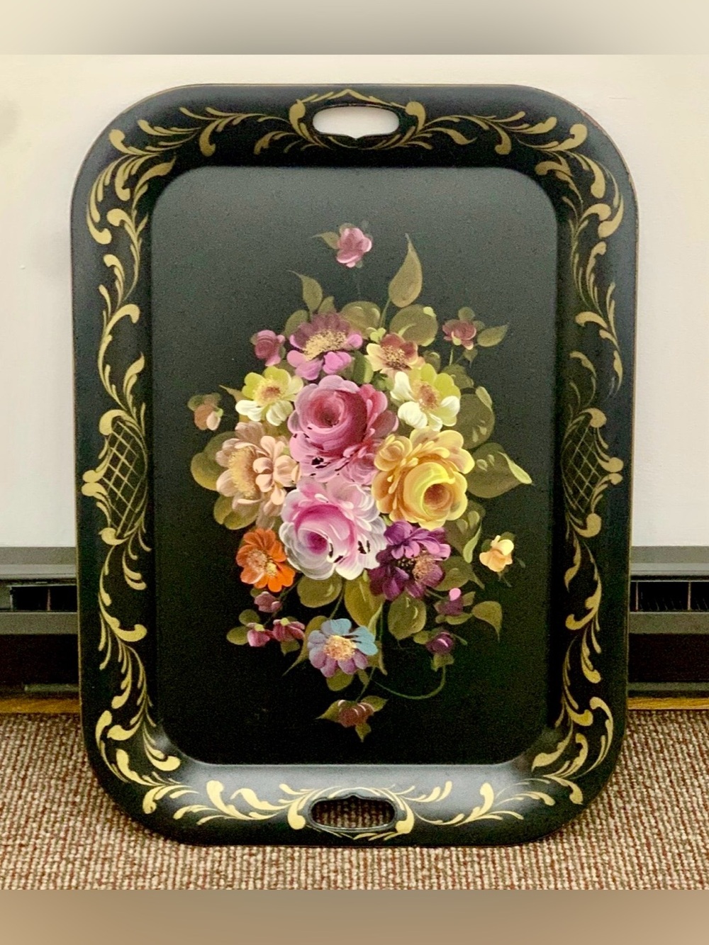 Vintage Metal Hand Painted Floral Folk Art Toleware Butler Serving Tray